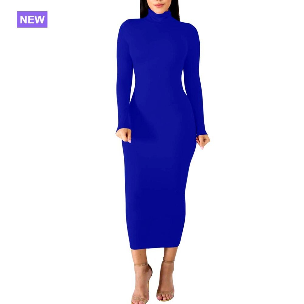 Polyester Spandex Long Sleeve Turtleneck Bodycon Midi Dress